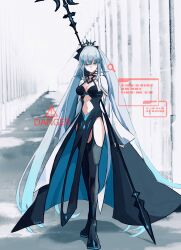  1girl black_bow black_dress black_tiara blue_eyes bow braid dress fate/grand_order fate_(series) full_body hair_between_eyes hair_bow half_up_braid high_heels highres holding holding_polearm holding_weapon ki_wa001 long_hair long_sleeves looking_at_viewer morgan_le_fay_(fate) morgan_le_fay_(third_ascension)_(fate) polearm ponytail solo spikes standing tiara two-tone_dress very_long_hair weapon 