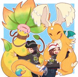  1boy 1girl black_hair black_hat blush brown_hair claws closed_eyes colored_skin denim dragon dragonite fangs feathered_wings full_body green_jacket happy harmony_(pokemon) hat head_wings horns hug jacket l1mbolots leaf long_sleeves mega_dragonite mega_pokemon mega_victreebel open_clothes open_jacket open_mouth pants paxton_(pokemon) pink_lips plant plant_monster pokemon pokemon_(creature) pokemon_legends:_z-a shirt shoes short_hair single_horn smile tail teeth victreebel vines white_hat white_shirt wings yellow_skin 