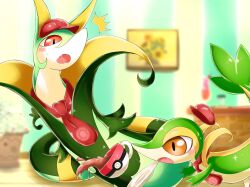  animal_focus blush cafe cup falling fang hat highres indoors necktie no_humans open_mouth p1sse1 painting_(object) pokemon pokemon_(creature) pokemon_focus red_eyes red_hat red_necktie saucer serperior snake snivy spill tea teacup tripping 