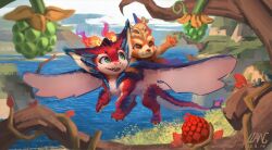  absurdres artist_name chinese_commentary clouds commentary_request creature dated dragon fangs fire flying food fruit full_body gnar_(league_of_legends) green_eyes highres league_of_legends no_humans orange_eyes outdoors outstretched_hand reaching riding_dragon smolder_(league_of_legends) supechips tail western_dragon 