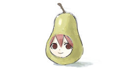  1girl closed_mouth food fruit highres kasane_teto looking_at_viewer pear pearto red_eyes red_hair simple_background smile tsukumizu_yuu utau white_background 