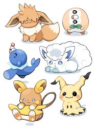  alolan_raichu alolan_vulpix blue_eyes blush bright_pupils brown_eyes closed_eyes commentary_request eevee floating full_body highres kana_(maple926) lying mimikyu no_humans pokemon pokemon_(creature) pokemon_focus popplio rowlet sitting smile twitter_username white_pupils 
