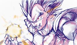  1boy absurdres battle_damage black_hair dragon_ball dragon_ball_z energy_ball highres male_focus ota_ta999 red_eyes saiyan_armor smirk solo upper_body vegeta 