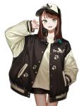  1girl absurdres baseball_cap black_shorts brown_hair claw_pose green_eyes hand_in_pocket hand_up hat headphones headphones_around_neck highres jacket letterman_jacket looking_at_viewer matsu_bokkuri open_mouth original short_shorts shorts simple_background solo standing white_background 