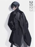  1boy 2023 alternate_costume artist_name black_coat black_hair black_pants blunt_ends buttons coat collared_coat copyright_name earrings genshin_impact grey_sweater hair_between_eyes hands_in_pockets highres jewelry long_sleeves looking_to_the_side male_focus no_headwear open_mouth pants pocket scaramouche_(genshin_impact) shadow short_hair simple_background smile solo standing sweater teeth tongue turtleneck turtleneck_sweater vidoakdame violet_eyes white_background wide_sleeves wing_collar 
