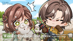  1boy 1girl ^^^ animal artem_wing_(tears_of_themis) blue_sky brown_gloves brown_hair brown_shirt chibi closed_eyes clouds collared_shirt commentary copyright_name day dirty dirty_face dress_shirt english_commentary english_text gloves green_eyes hair_between_eyes holding holding_animal jacket official_art outdoors overalls rosa_(tears_of_themis) sheep shirt short_sleeves sky tears_of_themis v-shaped_eyebrows white_jacket wool 