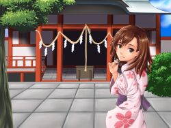  1girl asymmetrical_bangs blue_sky box breasts brown_eyes brown_hair building bush chinese_commentary closed_mouth clouds coin commentary_request cowboy_shot day donation_box floral_print from_side hair_between_eyes hand_up highres holding holding_coin japanese_clothes kimono leaf long_sleeves looking_at_viewer medium_hair misaka_mikoto obi outdoors pink_kimono purple_sash railing rope sash shide shimenawa shrine sky small_breasts solo stairs standing stone_floor toaru_kagaku_no_railgun toaru_majutsu_no_index tree wide_sleeves you_xi_feng yukata 
