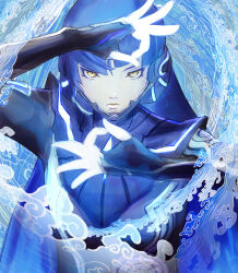  1boy blue_bodysuit blue_hair bodysuit commentary_request highres long_hair looking_at_viewer magic makitekka protagonist_(smtv) shin_megami_tensei shin_megami_tensei_v shin_megami_tensei_v:_vengeance solo yellow_eyes 