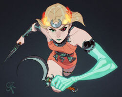  1girl adversarial_noise alt_text artist_name asymmetrical_arms black_sclera blonde_hair closed_mouth colored_sclera dagger dress english_commentary galmesh_rosewood green_arm green_eyes green_lips hades_(series) hades_2 highres holding holding_dagger holding_knife holding_sickle holding_weapon knife laurel_crown looking_at_viewer making-of_available melinoe_(hades) mismatched_sclera orange_dress red_eyes see-through_body short_hair simple_background skeletal_arm weapon 