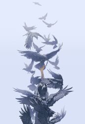  1boy bird black_hair feathers grey_shirt head_wreath highres male_focus original outstretched_arm rido_(ridograph) shirt short_hair solo standing web_address 