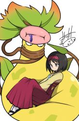  1girl acid black_hair breasts closed_mouth colored_skin erika_(pokemon) grey_eyes hairband hakama hakama_skirt japanese_clothes kimono leaf mega_pokemon mega_victreebel mituyota_76 pink_lips plant plant_monster poison pokemon pokemon_(creature) pokemon_frlg pokemon_legends:_z-a red_hairband red_hakama sandals short_hair skirt smile socks victreebel vines white_socks yellow_kimono yellow_skin 