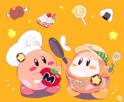  amakawa_tamawo blue_eyes blush_stickers boned_meat brown_hat cake cake_slice chef_hat closed_mouth commentary food frying_pan hat holding holding_frying_pan holding_spatula invincible_candy kirby kirby_(series) meat no_humans onigiri signature simple_background spatula star_(symbol) waddle_dee white_hat yellow_background 