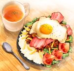  bacon cup egg_(food) food food_focus french_fries lettuce no_humans ooranokohaku original pepper_(spice) plate rice shadow spoon still_life tomato tomato_slice 