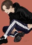  1boy absurdres black_footwear black_hoodie black_pants brown_eyes brown_hair earrings fang highres hood hoodie jewelry long_sleeves looking_at_viewer male_focus open_mouth pants pomu red_background senpai_wa_otokonoko short_hair sitting 