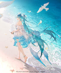  1girl aqua_dress aqua_eyes aqua_hair arm_tattoo barefoot beach bird breasts cellphone chinese_commentary commentary_request copyright_notice day dress earphones frilled_dress frills full_body hair_ornament hairclip hatsune_miku highres holding holding_phone long_hair mixed-language_commentary number_tattoo ocean off-shoulder_dress off_shoulder official_art open_mouth outdoors phone piapro_studio small_breasts solo tattoo tidsean twintails two-tone_dress very_long_hair vocaloid walking white_bird 