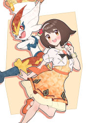  1girl 1other blush bracelet breasts brown_eyes brown_hair cinderace dress flower furry gloria_(anniversary_2025)_(pokemon) gloria_(pokemon) gonzarez hair_flower hair_ornament hairband highres holding holding_poke_ball jewelry official_alternate_costume open_mouth orange_dress poke_ball poke_ball_(basic) pokemon pokemon_(creature) pokemon_masters_ex shoes short_hair short_sleeves smile teeth terastallization upper_teeth_only white_dress white_hairband 