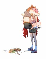  2girls black_shorts burger carrying carrying_person food grey_sports_bra highres hug jinx_(league_of_legends) kid_sppinarl league_of_legends long_hair lux_(league_of_legends) multiple_girls pink_hair purple_tank_top red_hair short_hair shorts simple_background socks spill sports_bra standing star_guardian_jinx star_guardian_lux tank_top twintails white_background white_socks yuri 