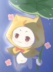  :3 animal animal_focus blue_background bow bowtie brown_eyes cloak closed_mouth clothed_animal ear_covers gusangyin happy highres holding holding_plant hood hood_up hooded_cloak infinity_nikki leaf_umbrella light_blush lily_pad looking_ahead momo_(nikki) navel nikki_(series) no_humans oversized_plant plant rain red_bow red_bowtie smile solo traditional_bowtie wet whiskers yellow_cloak 