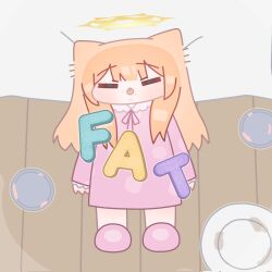  1girl animal_ears blue_archive blunt_bangs chibi closed_eyes commentary english_commentary english_text halo highres horuhara long_hair long_sleeves mari_(blue_archive) neck_ribbon no_nose orange_hair pajamas photo-referenced pink_pajamas pink_slippers plate polka_dot polka_dot_pajamas ribbon sleeves_past_wrists slippers solo tongue tongue_out wooden_floor yellow_halo 