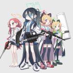  4girls absurdres animal_ear_headphones animal_ears aris_(blue_archive) assault_rifle atat250 black_hair black_skirt black_thighhighs blonde_hair blue_archive blue_eyes blue_jacket blue_necktie bow braid cat_ear_headphones closed_mouth coat coat_partially_removed collared_shirt dot_mouth fake_animal_ears forehead full_body green_bow green_coat green_eyes grey_background grey_eyes gun hair_between_eyes hair_bow halo headphones high_collar highres holding holding_shield holding_weapon jacket light_blush long_bangs long_hair looking_ahead midori_(blue_archive) momoi_(blue_archive) multicolored_clothes multicolored_coat multicolored_jacket multiple_girls multiple_hair_bows necktie one_side_up open_clothes open_coat open_jacket open_mouth pile_bunker pink_bow pink_coat pink_eyes pleated_skirt raised_eyebrow redhead rifle sandals shield shirt shoes short_necktie side_braid sidelocks simple_background skirt smile sneakers standing thigh-highs v-shaped_eyebrows very_long_hair weapon weapon_request white_coat white_jacket white_shirt yuzu_(blue_archive) 