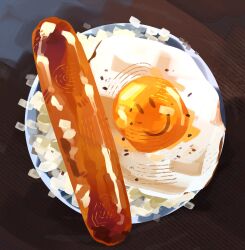  absurdres bowl character-themed_food food food_focus fried_egg from_above highres himochuu no_humans on_table painterly rice roblox sausage smiley_face still_life table tamagokake_gohan wooden_table 