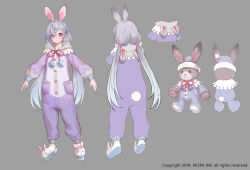  1girl animal_ear_hairband animal_ears animal_hood animal_slippers blue_hat blue_pajamas blush_stickers bow bunny_slippers buttons commentary concept_art cross-shaped_pupils english_commentary ezu_(leejiyu) fake_animal_ears full_body fur-trimmed_headwear fur_trim grey_hair hairband hat highres hood king&#039;s_raid lavril_(king&#039;s_raid) long_hair long_sleeves multiple_views official_alternate_costume official_art onesie pajamas pink_bow pocket pom_pom_(clothes) purple_pajamas rabbit_ear_hairband rabbit_ears rabbit_hood rabbit_tail reference_sheet slippers solo stuffed_animal stuffed_rabbit stuffed_toy symbol-shaped_pupils tail turnaround twintails very_long_hair violet_eyes white_fur white_pajamas 