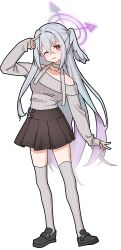  1girl absurdres black_shoes blue_archive blush brown_eyes brown_skirt feathered_wings gradient_hair grey_hair grey_sweater grey_thighhighs grey_wings hair_between_eyes halo head_wings hide21find57 highres long_hair long_sleeves mole mole_under_eye multicolored_hair off-shoulder_sweater off_shoulder one_eye_closed parted_lips pink_hair pleated_skirt ribbed_sweater ribbed_thighhighs shoes single_head_wing skirt sleeves_past_wrists smile solo suzumi_(blue_archive) sweater thigh-highs very_long_hair wings 