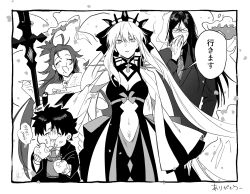  2boys 2girls black_bow black_hair black_tiara bow braid closed_eyes eating fate/grand_order fate_(series) fujimaru_ritsuka_(male) glasses hair_between_eyes hair_bow half_up_braid highres himiko_(fate) himiko_(first_ascension)_(fate) holding holding_polearm holding_weapon long_hair long_sleeves morgan_le_fay_(fate) morgan_le_fay_(third_ascension)_(fate) multiple_boys multiple_girls open_mouth polearm ryousuke_(tukr5384) short_hair smile smoking spikes tiara very_long_hair waver_velvet waver_velvet_(zhuge_liang) weapon wide_sleeves 