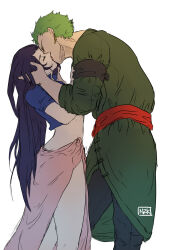  1boy 1girl black_hair blue_jacket closed_eyes cropped_jacket earrings green_kimono highres jacket japanese_clothes jewelry kimono kiss long_hair nico_robin nzkn one_piece pink_sarong red_sash roronoa_zoro sarong sash short_hair signature simple_background white_background 