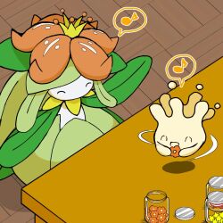  1girl ^_^ closed_eyes colored_skin commentary_request crown floating flower green_hair green_skin hair_flower hair_ornament happy highres holding indoors jar lilligant long_hair milcery mini_crown monster_girl monya musical_note open_mouth partial_commentary plant_girl pokemon pokemon_(creature) red_flower smile speech_bubble spinning spoken_musical_note standing table white_skin wooden_floor yellow_crown 