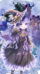  1girl absurdres aerial_fireworks ankle_strap arm_at_side bell_sleeves belt black_capelet black_dress black_hat black_pantyhose black_shoes blunt_ends book border bow capelet chinese_commentary closed_mouth constellation_print cross-laced_clothes cross-laced_dress deformed dress female_saniwa_(touken_ranbu) fireworks floating floating_book floating_object foot_out_of_frame footwear_bow frilled_dress frilled_hat frilled_sleeves frills gold_trim hair_ornament hand_on_headwear hat hat_bow hat_chain hat_feather hat_ornament hexagram highres holding holding_wand lace-trimmed_headwear lace_trim light_particles long_dress long_hair long_sleeves looking_at_viewer luki_9713 mole mole_under_eye nail_polish night open_book orange_lips original ornate_border outside_border palm_tree pantyhose purple_belt purple_bow purple_capelet purple_hair purple_hat purple_nails purple_shirt saniwa_(touken_ranbu) shirt shoes smile solo spider_web_print star_(symbol) star_hair_ornament star_hat_ornament star_of_david star_print striped_bow touken_ranbu tree two-sided_fabric two-sided_headwear violet_eyes wallet_chain wand wavy_hair witch witch_hat 