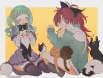  2girls aqua_hair aqua_hoodie archived_source bad_id bad_twitter_id black_bow blue_shorts blunt_bangs blush boots border bow brown_footwear cat closed_eyes closed_mouth commission fur-trimmed_shorts fur_trim futaba_sana green_eyes hair_bow hair_ornament hair_scrunchie image_sample indian_style jewelry layered_sleeves long_sleeves looking_at_viewer magia_record:_mahou_shoujo_madoka_magica_gaiden mahou_shoujo_madoka_magica medium_hair miniskirt mizuna_girls&#039;_academy_school_uniform multiple_girls open_mouth outside_border parted_bangs pleated_skirt ponytail purple_shirt purple_skirt purple_thighhighs red_eyes redhead ring sakura_kyouko school_uniform scrunchie shirt short_over_long_sleeves short_sleeves shorts sidelocks sitting skeb_commission skirt sweat textless_version thigh-highs twintails twitter_sample twitter_username wavy_hair white_border white_sleeves yellow_scrunchie yutyantogarashi 
