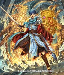  1boy binding_shield blue_eyes blue_hair boots brown_boots cape commentary_request company_name debris dragon fire_emblem fire_emblem:_mystery_of_the_emblem fire_emblem_cipher holding holding_sword holding_weapon izuka_daisuke male_focus marth_(fire_emblem) medeus official_art open_mouth sheath shield short_hair sword tiara two-sided_cape two-sided_fabric weapon 