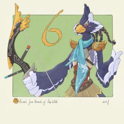 1boy beak bird_boy bow_(weapon) braid character_name commentary copyright_name english_commentary green_background highres holding holding_bow_(weapon) holding_weapon male_focus multiple_braids polearm revali rito solo the_legend_of_zelda the_legend_of_zelda:_breath_of_the_wild trident weapon yangyaozigo 