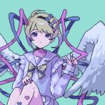  1girl angel_wings blonde_hair blue_background blue_bow blue_eyes blue_hair blue_nails blue_shirt blue_skirt bow chouzetsusaikawa_tenshi-chan closed_mouth feathered_wings hair_bow highres long_hair long_sleeves looking_at_viewer multicolored_hair multicolored_nails multiple_hair_bows needy_girl_overdose pink_bow pink_hair pink_nails pixel_art pleated_skirt purple_bow quad_tails sailor_collar school_uniform serafuku shirt simple_background sitting skirt solo twintails uzume_(uzm0) very_long_hair white_wings wings yellow_bow 