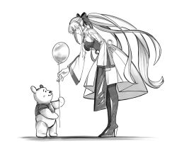  1boy 1girl balloon black_bow bow braid euhage73 fate/grand_order fate_(series) full_body hair_between_eyes hair_bow half_up_braid highres long_hair long_sleeves morgan_le_fay_(fate) morgan_le_fay_(first_ascension)_(fate) ponytail simple_background smile standing very_long_hair white_background winnie_the_pooh 