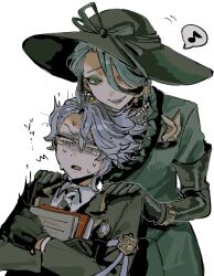  1boy 1girl :o ^^^ age_difference armband asymmetrical_bangs asymmetrical_hair azul_ashengrotto behind_another black_gloves black_jacket blank_eyes blazer blue_hair book coat collared_shirt crossed_arms curtained_hair diagonal-striped_clothes diagonal-striped_necktie earrings elbow_gloves eyeshadow flinch frilled_shirt_collar frills furrowed_brow georgina_leech glasses gloves gold_earrings gold_trim green_coat green_eyeshadow green_hat grey_hair grey_lips grin hair_behind_ear hair_between_eyes hair_over_one_eye handkerchief hands_on_another&#039;s_shoulders hat hat_ribbon head_on_head head_rest height_difference holding holding_book jacket jewelry lapels long_sleeves looking_at_another makeup mature_eyes mature_female messy_hair mole mole_under_mouth motion_lines multicolored_hair multiple_necklaces musical_note necklace necktie nervous_sweating night_raven_college_school_uniform notched_lapels outline pearl_necklace raised_eyebrows raised_inner_eyebrows rectangular_eyewear ribbon scared school_uniform sharp_teeth shirt short_hair simple_background smile speech_bubble spoken_musical_note streaked_hair striped_clothes sun_hat sweat teeth textbook turn_pale twisted_wonderland upper_body ureyyyyy v-shaped_eyebrows very_sweaty wavy_hair white_background white_outline white_shirt yellow_eyes 