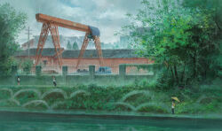  1girl 2boys absurdres building bush chinese_commentary commentary_request crane_(machine) day feitu233 fence grey_sky highres holding holding_umbrella iron_fence motor_vehicle multiple_boys oil-paper_umbrella original outdoors overcast plant rain scenery school_uniform sky standing tree truck umbrella variant_set very_wide_shot walking 