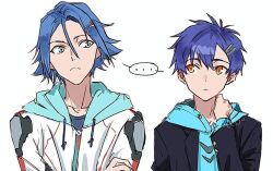  2boys asanaka_yomogi black_jacket blue_hair commentary_request crossover gridman_universe hayate_immelmann jacket macross macross_delta male_focus multiple_boys risyo short_hair simple_background ssss.dynazenon upper_body white_background white_jacket 