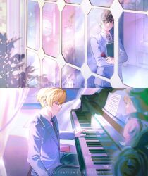  1boy 1girl absurdres artist_name blonde_hair brown_hair commentary english_commentary flower fujioka_haruhi hair_between_eyes highres holding holding_flower instrument music oretsuu ouran_high_school_host_club petals piano playing_instrument playing_piano profile red_flower red_rose reflection rose suou_tamaki 