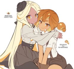  2girls @_@ arms_around_neck ascot black_hat black_pantyhose blonde_hair blush brown_eyes brown_gloves brown_hair brown_shorts buttons center-flap_bangs closed_mouth collared_shirt commentary_request cookie_run cookie_run:_ovenbreak croissant_cookie croissant_cookie_(director_of_the_tbd) dark-skinned_female dark_skin double-breasted double-parted_bangs dual_persona expressionless food-themed_hair full_body gloves gold_buttons grey_shirt grey_skirt hair_between_eyes hair_over_shoulder hat hat_tip highres hug humanization juliet_sleeves knees_out_of_frame korean_commentary korean_text long_hair long_sleeves looking_at_viewer miniskirt multicolored_hair multiple_girls no_eyebrows ohta_guk_hip orange_hair own_hands_together pantyhose parted_bangs pleated_skirt ponytail protected_link puffy_sleeves shirt short_hair short_shorts short_sleeves shorts simple_background sitting skirt sleeves_past_wrists smile streaked_hair suspender_shorts suspenders tareme timekeeper_cookie timekeeper_cookie_(ruler_of_the_ephemeral_flow) translation_request tsurime two-tone_hair v-shaped_eyebrows v_arms very_long_hair white_ascot white_background white_shirt 