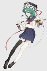  1girl absurdres alternate_costume anchor_symbol armband black_shoes black_skirt black_thighhighs blue_eyes blue_hat blue_sailor_collar commentary_request commission flat_chest frilled_hat frills full_body green_hair grey_background hat highres holding holding_riding_crop loafers long_sleeves looking_afar mismatched_thighhighs neckerchief pixiv_commission pleated_skirt red_neckerchief riding_crop sailor_collar school_uniform serafuku shiki_eiki shimiya_jin shirt shoes short_hair simple_background skirt solo spoken_squiggle squiggle textless_version thigh-highs touhou white_shirt white_thighhighs 