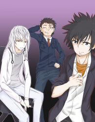  3boys accelerator_(toaru_majutsu_no_index) aged_up albino arm_behind_head black_hair black_jacket black_pants breast_pocket brown_hair chair clenched_teeth closed_mouth coat collared_shirt commentary_request doctor facial_hair feet_out_of_frame gradient_background grey_eyes grey_pants grey_shirt hair_between_eyes hand_on_own_hip hands_up highres jacket kamijou_touma kamisato_kakeru lab_coat long_sleeves looking_at_viewer mature_male medium_hair multiple_boys necktie on_chair open_clothes open_coat open_jacket orange_shirt pale_skin pants parted_lips partial_commentary pocket red_eyes red_necktie shirt short_hair sidelocks sitting smile spiky_hair standing sternocleidomastoid_muscle teeth tied_sleeves toaru_majutsu_no_index toaru_majutsu_no_index:_new_testament upper_body white_hair white_pants white_shirt yakutashi 