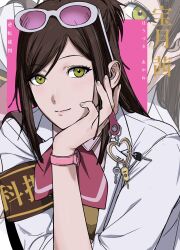  1girl ace_attorney amikoiiko armband brown_armband brown_hair ema_skye eyewear_on_head green_eyes grey-framed_eyewear hand_on_own_face hand_up highres jacket key keyring long_hair phoenix_wright:_ace_attorney_-_spirit_of_justice pink-tinted_eyewear smile solo tinted_eyewear upper_body watch watch white_jacket zoom_layer 
