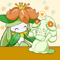  2girls ^_^ alcremie alcremie_(flower_sweet) alcremie_(matcha_cream) arms_up blush blush_stickers closed_eyes colored_skin commentary_request crown flower full_body green_skin hair_flower hair_ornament hand_to_own_mouth hand_up happy happy_aura heart highres lilligant long_hair mini_crown monster_girl monya multicolored_hair multiple_girls no_mouth open_mouth orange_background outstretched_arms partial_commentary plant_girl pokemon pokemon_(creature) red_flower sidelocks smile speech_bubble spoken_heart standing streaked_hair white_skin yellow_crown 