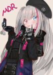  1girl :p beret black_headwear black_jacket blue_eyes blush cellphone character_name commentary_request cowboy_shot eip_(pepai) flip_phone girls_frontline gloves grey_hair hat heterochromia holding holding_phone jacket long_hair looking_at_viewer mdr_(girls&#039;_frontline) multicolored_hair one_side_up phone pink_eyes pink_hair simple_background smile solo streaked_hair tongue tongue_out very_long_hair 