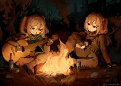  2girls absurdres blue_eyes boots bottle bread broken_heart broken_heart_hair_ornament brown_hair building campfire can closed_mouth commentary commission drink_can english_commentary evil_neuro-sama eyelashes fingerless_gloves fire food gloves grass guitar hair_ornament hair_ribbon hand_on_ground heart heart_hair_ornament highres holding holding_food holding_guitar holding_instrument instrument keshink long_hair long_sleeves multiple_girls music neuro-sama night outdoors pants playing_guitar playing_instrument red_eyes red_ribbon ribbon shirt siblings sisters sitting smile stalker_(game) tree twins twintails twitter_username vedal_ai virtual_youtuber weapon 