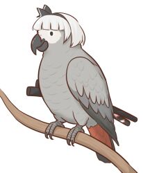  animalization bird black_hairband commentary_request commission full_body grey_hair hairband highres konpaku_youmu mizusoba multiple_swords on_branch parrot short_hair simple_background skeb_commission solo touhou white_background 