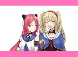  2girls :d ^_^ arm_at_side arms_at_sides assault_lily bare_shoulders black_shirt blonde_hair blue_capelet blue_sailor_collar blush breasts bridal_gauntlets brown_bridal_gauntlets capelet closed_eyes closed_mouth commentary detached_sleeves drill_hair drill_sidelocks frilled_shirt frills green_eyes hairband hairpods hand_up heterochromia holding holding_pendant jewelry komai_sumire lace-trimmed_capelet lace_trim layered_sleeves letterboxed long_hair long_sleeves looking_at_object looking_down medium_breasts multiple_girls neckerchief nigari_(ngari_0115) odaiba_girls_high_school_uniform parted_bangs pendant purple_neckerchief red_eyes red_hair red_hairband sailor_collar school_uniform serafuku shiba_tomoshibi shirt side-by-side sidelocks simple_background sleeveless sleeveless_shirt smile twintails two-tone_shirt upper_body white_background white_shirt 