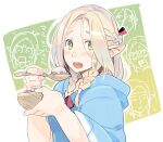  1girl blonde_hair bowl braid dungeon_meshi eating elf green_eyes holding holding_bowl holding_spoon hood hood_down long_hair long_sleeves looking_at_viewer marcille open_mouth pointy_ears qk00001 solo spoon twin_braids upper_body 